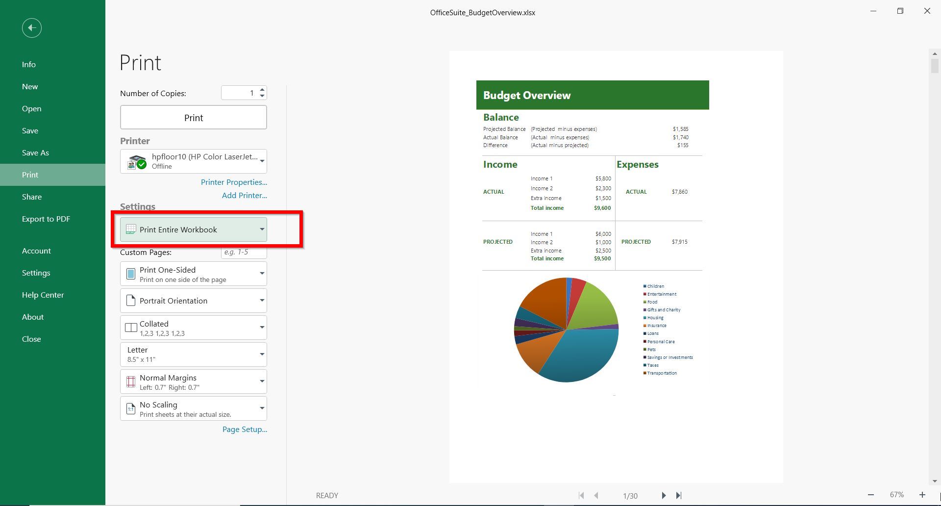 Print options in Sheets OfficeSuite